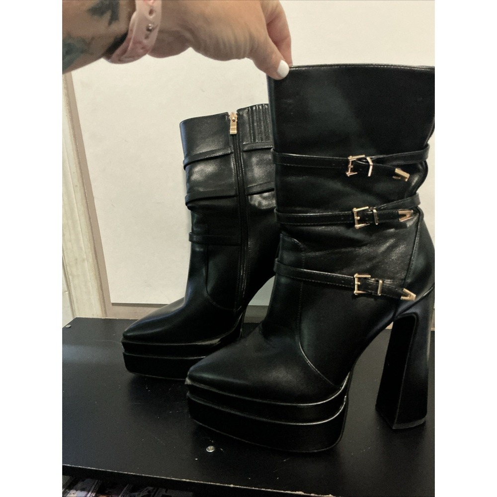 Unbranded Black Pointed Toe Platform Buckle High Heel Boots Size 38 US 8.5-9